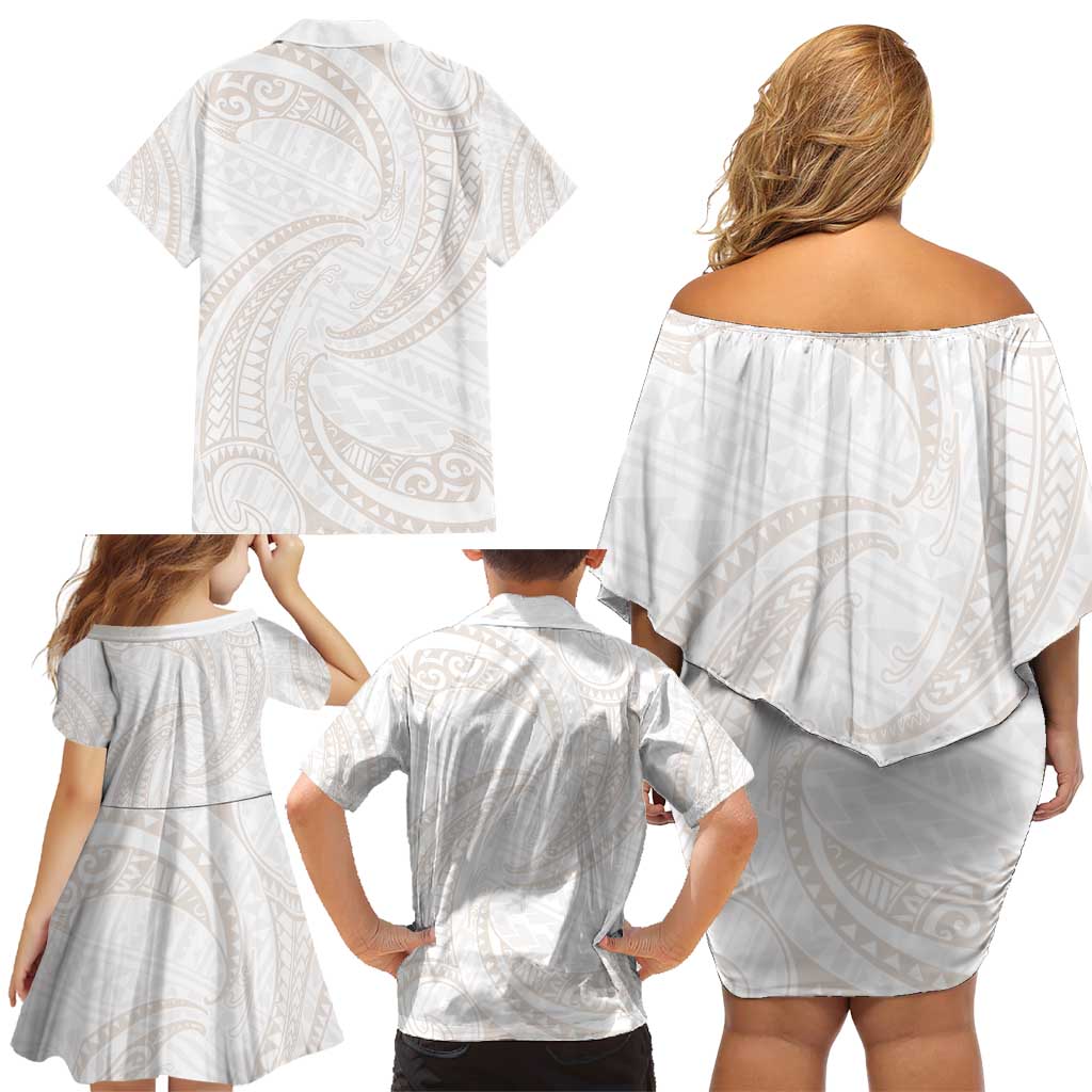White Sunday Lotu Tamaiti Family Matching Off Shoulder Short Dress and Hawaiian Shirt Polynesian Wave Pastel Nude - Polynesian Pride