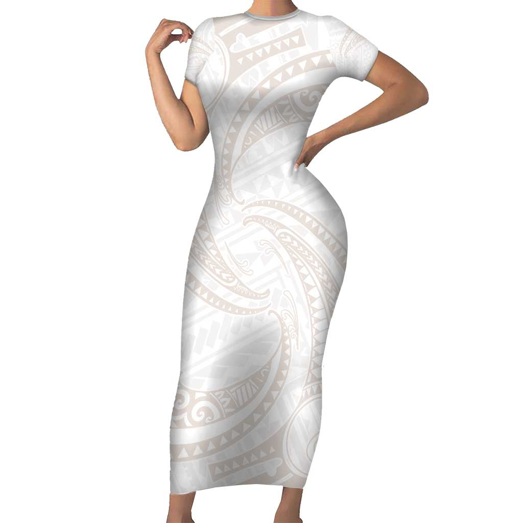 White Sunday Lotu Tamaiti Family Matching Short Sleeve Bodycon Dress and Hawaiian Shirt Polynesian Wave Pastel Nude - Polynesian Pride