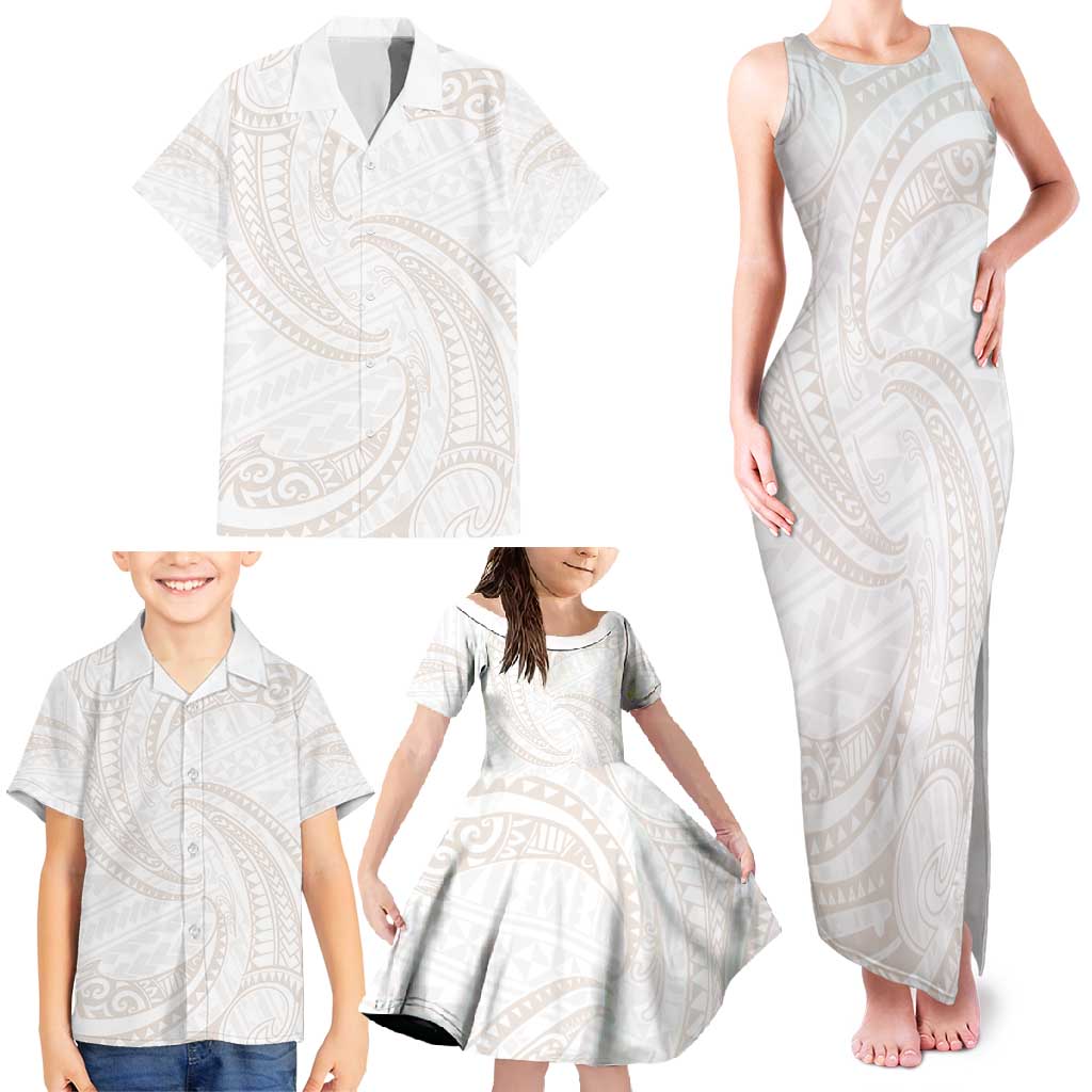 White Sunday Lotu Tamaiti Family Matching Tank Maxi Dress and Hawaiian Shirt Polynesian Wave Pastel Nude - Polynesian Pride
