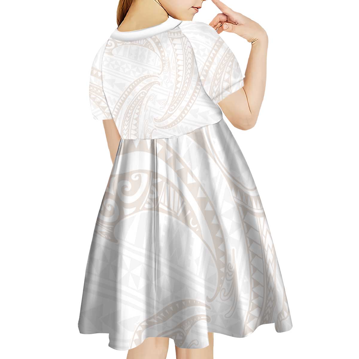 White Sunday Lotu Tamaiti Kid Short Sleeve Dress Polynesian Wave Pastel Nude - Polynesian Pride