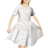 White Sunday Lotu Tamaiti Kid Short Sleeve Dress Polynesian Wave Pastel Nude - Polynesian Pride