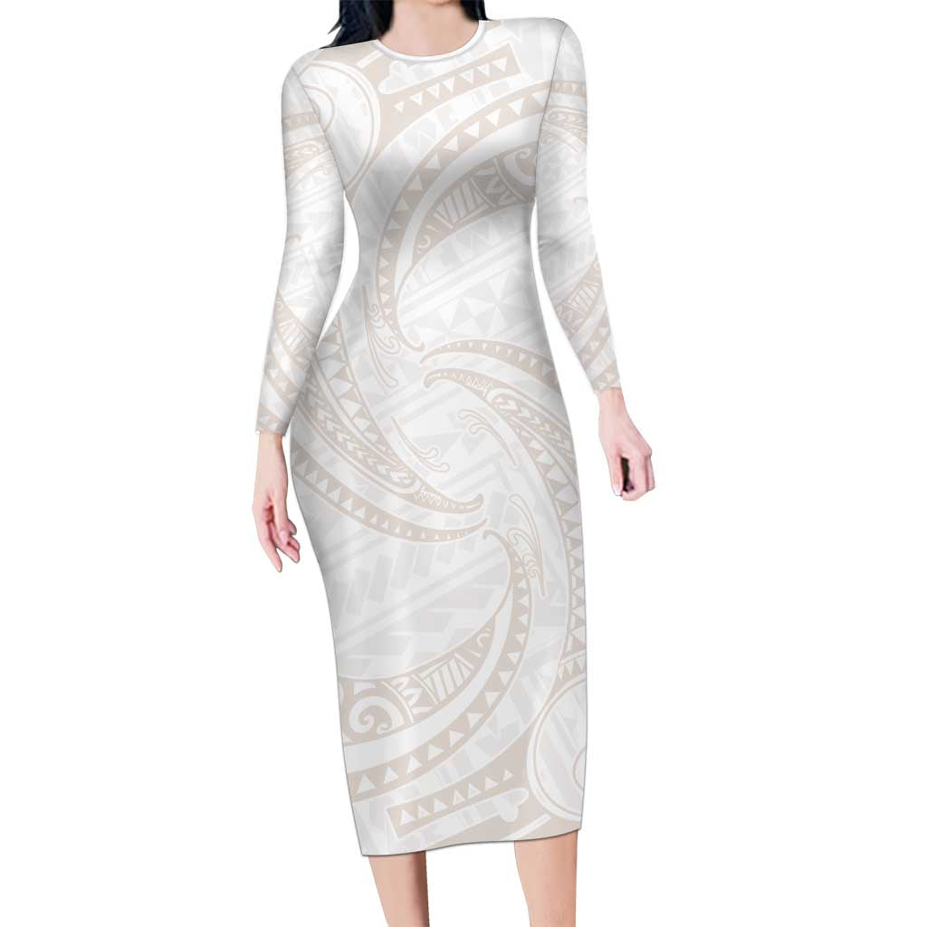 White Sunday Lotu Tamaiti Long Sleeve Bodycon Dress Polynesian Wave Pastel Nude - Polynesian Pride