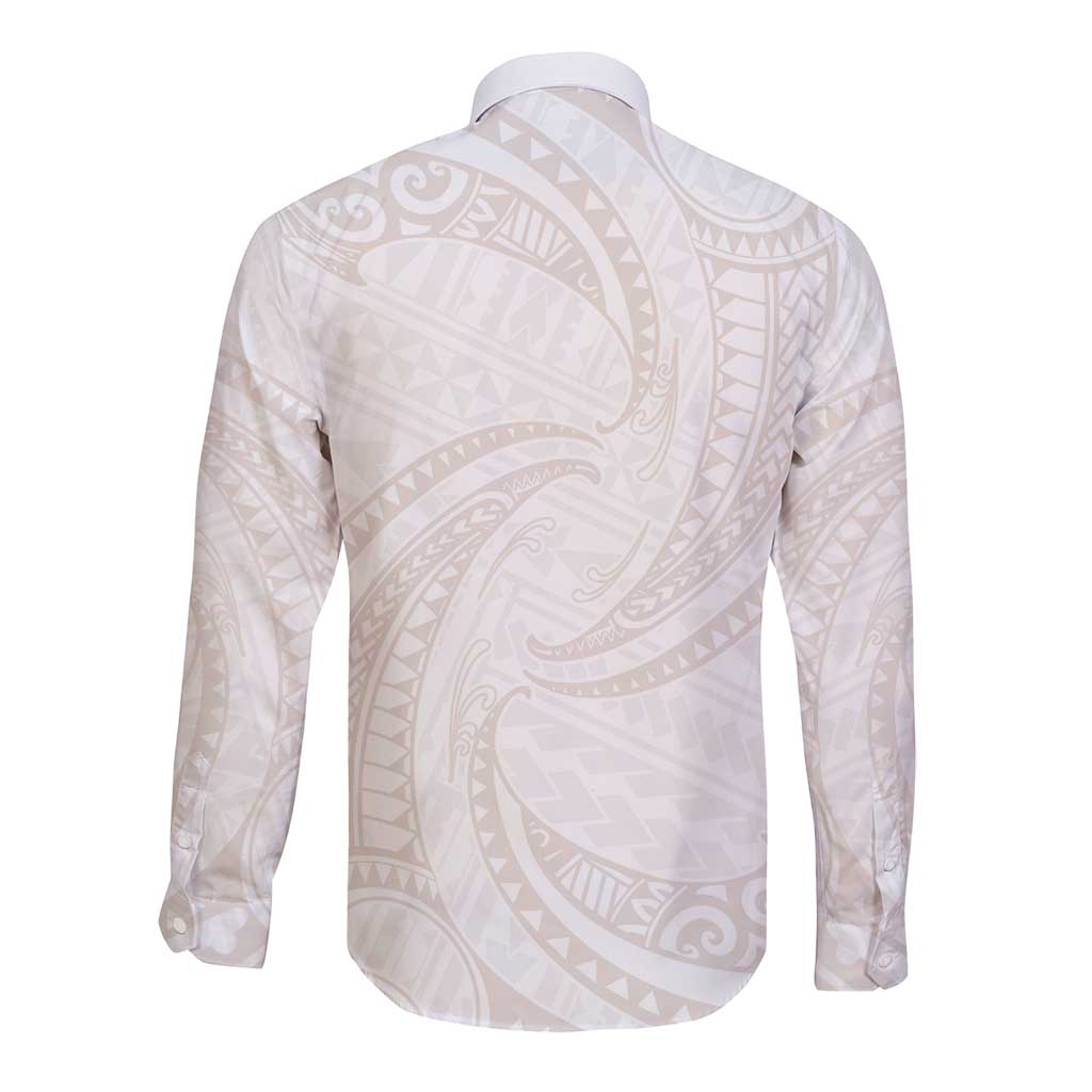 White Sunday Lotu Tamaiti Long Sleeve Button Shirt Polynesian Wave Pastel Nude - Polynesian Pride