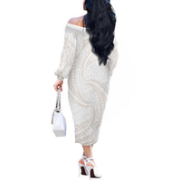 White Sunday Lotu Tamaiti Off The Shoulder Long Sleeve Dress Polynesian Wave Pastel Nude - Polynesian Pride