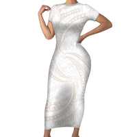 White Sunday Lotu Tamaiti Short Sleeve Bodycon Dress Polynesian Wave Pastel Nude - Polynesian Pride