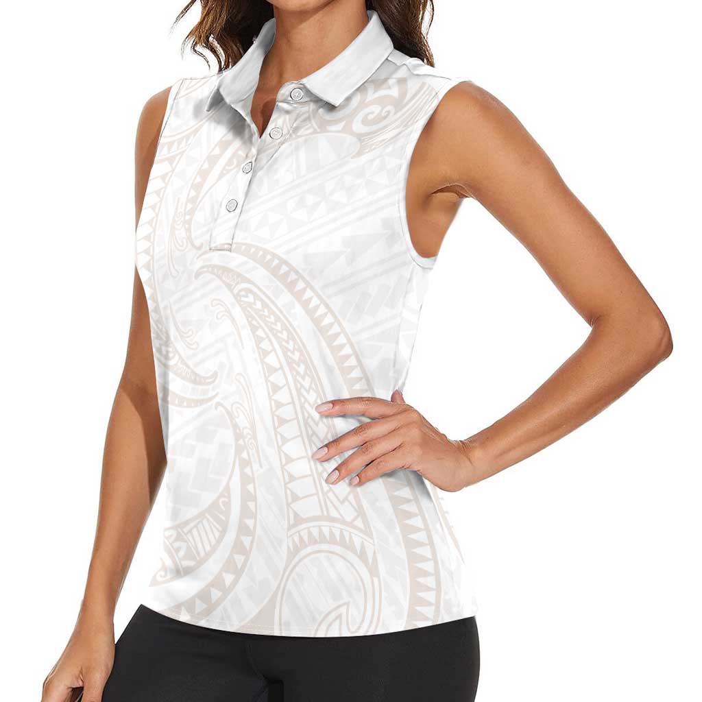 White Sunday Lotu Tamaiti Women Sleeveless Polo Shirt Polynesian Wave Pastel Nude - Polynesian Pride