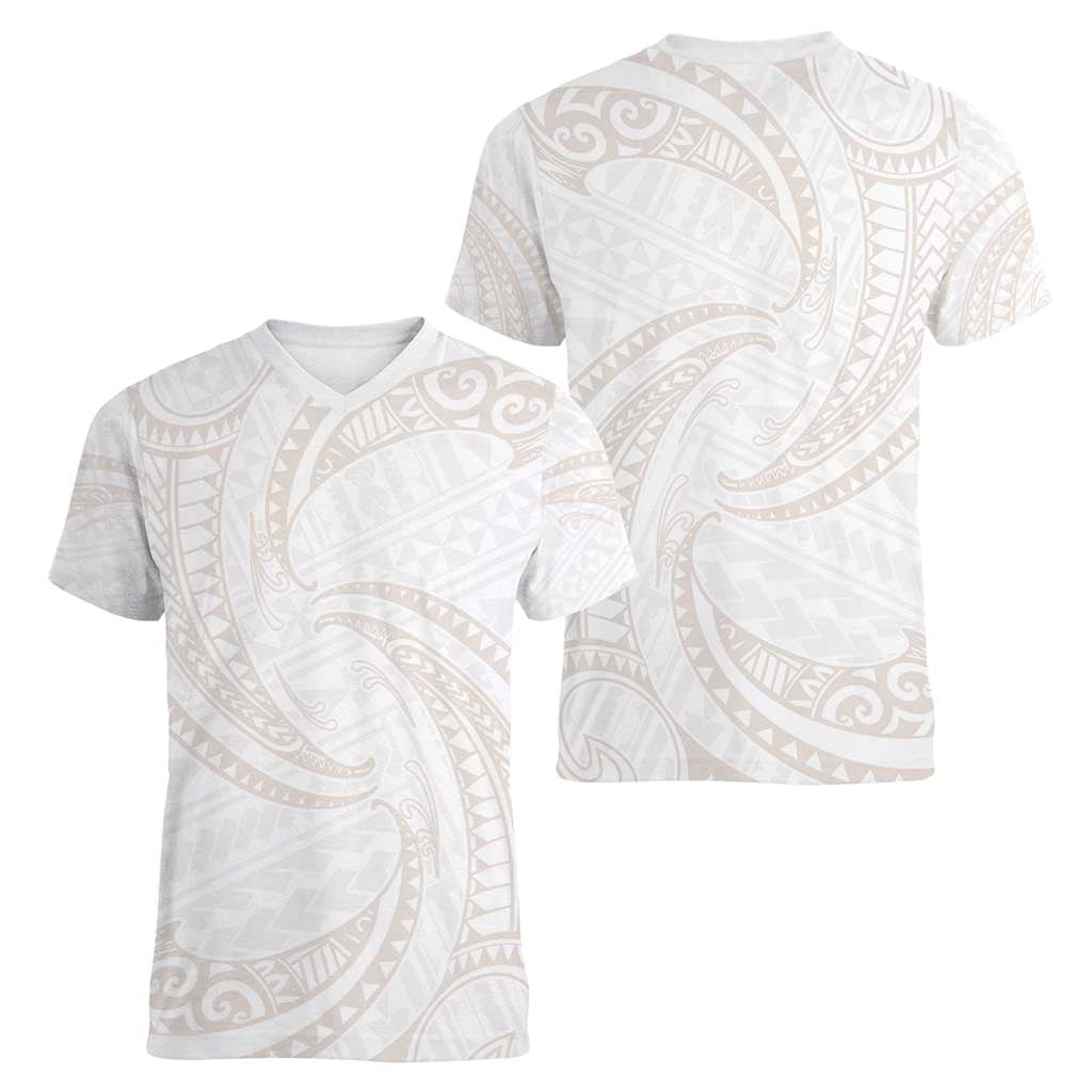 White Sunday Lotu Tamaiti Women V-Neck T-Shirt Polynesian Wave Pastel Nude - Polynesian Pride
