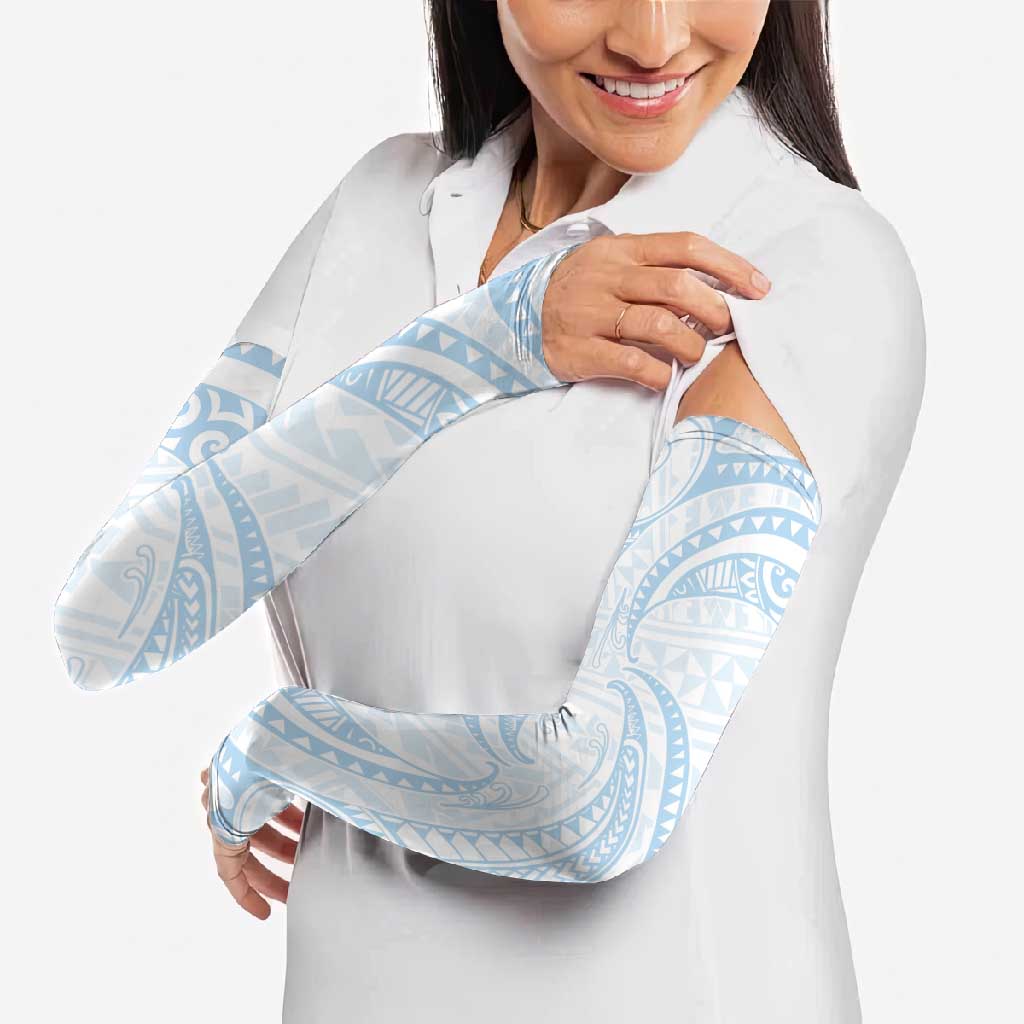 White Sunday Lotu Tamaiti Arm Sleeves Polynesian Wave Pastel Sky Blue - Polynesian Pride