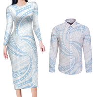 White Sunday Lotu Tamaiti Couples Matching Long Sleeve Bodycon Dress and Long Sleeve Button Shirt Polynesian Wave Pastel Sky Blue - Polynesian Pride