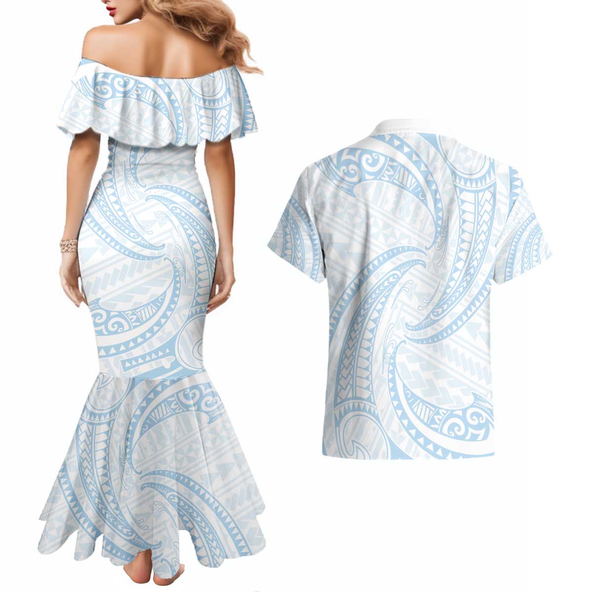 White Sunday Lotu Tamaiti Couples Matching Mermaid Dress and Hawaiian Shirt Polynesian Wave Pastel Sky Blue - Polynesian Pride