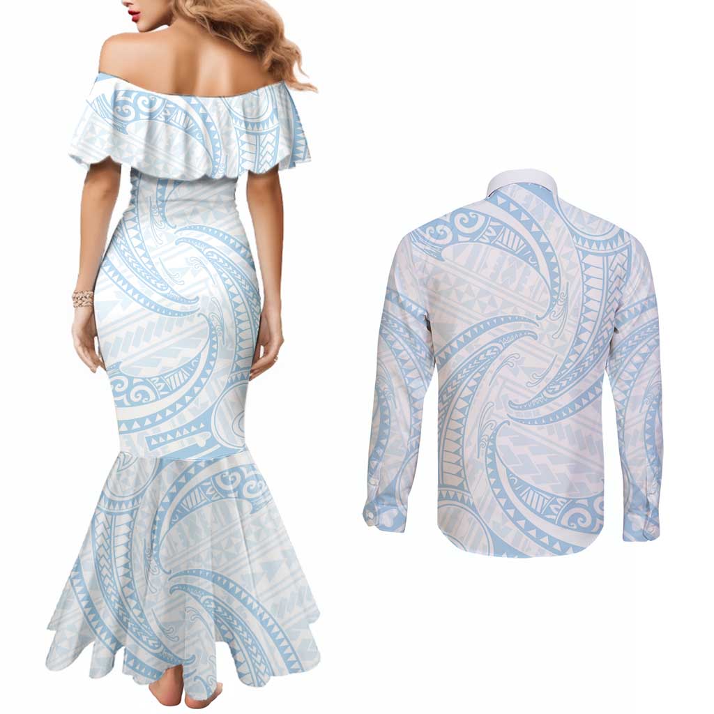 White Sunday Lotu Tamaiti Couples Matching Mermaid Dress and Long Sleeve Button Shirt Polynesian Wave Pastel Sky Blue - Polynesian Pride