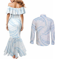 White Sunday Lotu Tamaiti Couples Matching Mermaid Dress and Long Sleeve Button Shirt Polynesian Wave Pastel Sky Blue - Polynesian Pride