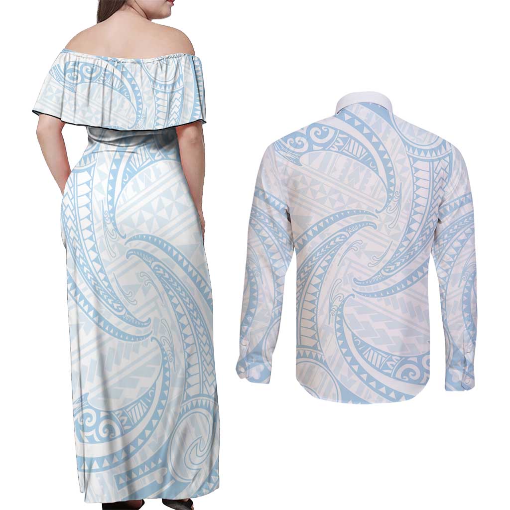 White Sunday Lotu Tamaiti Couples Matching Off Shoulder Maxi Dress and Long Sleeve Button Shirt Polynesian Wave Pastel Sky Blue - Polynesian Pride