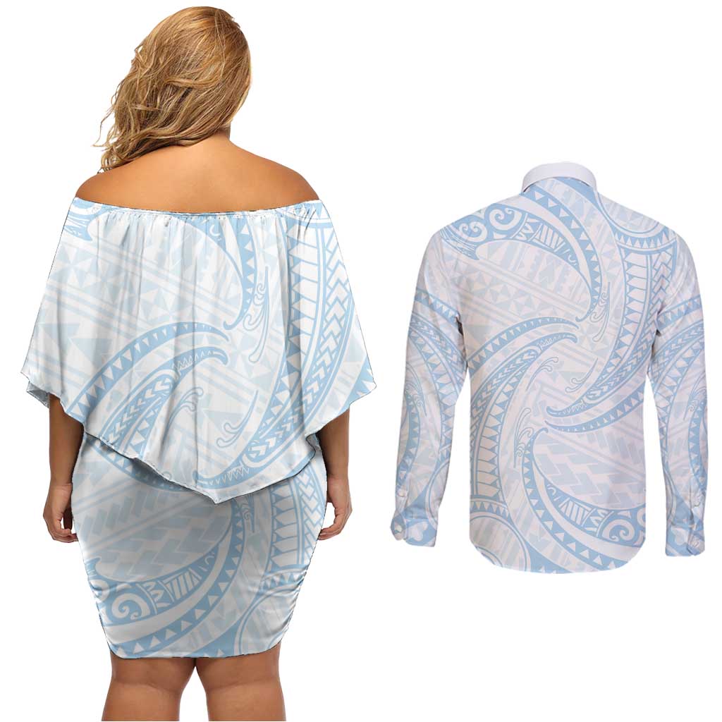 White Sunday Lotu Tamaiti Couples Matching Off Shoulder Short Dress and Long Sleeve Button Shirt Polynesian Wave Pastel Sky Blue - Polynesian Pride