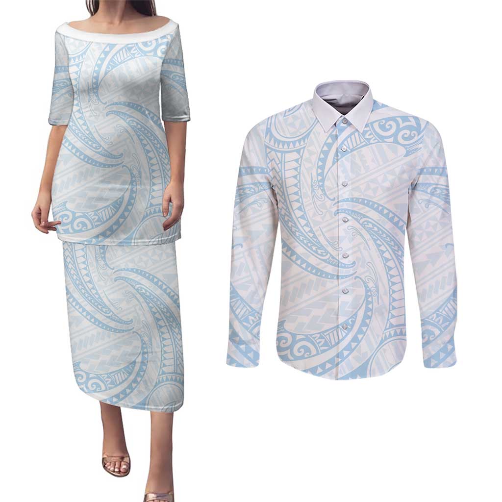 White Sunday Lotu Tamaiti Couples Matching Puletasi and Long Sleeve Button Shirt Polynesian Wave Pastel Sky Blue - Polynesian Pride