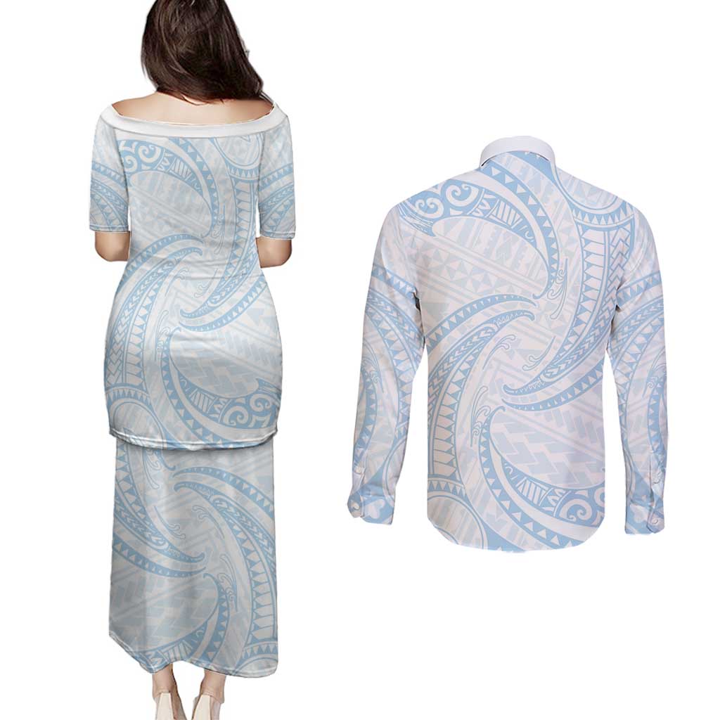 White Sunday Lotu Tamaiti Couples Matching Puletasi and Long Sleeve Button Shirt Polynesian Wave Pastel Sky Blue - Polynesian Pride