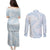 White Sunday Lotu Tamaiti Couples Matching Puletasi and Long Sleeve Button Shirt Polynesian Wave Pastel Sky Blue - Polynesian Pride