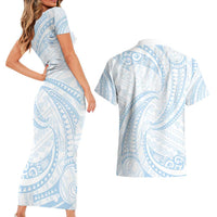 White Sunday Lotu Tamaiti Couples Matching Short Sleeve Bodycon Dress and Hawaiian Shirt Polynesian Wave Pastel Sky Blue - Polynesian Pride