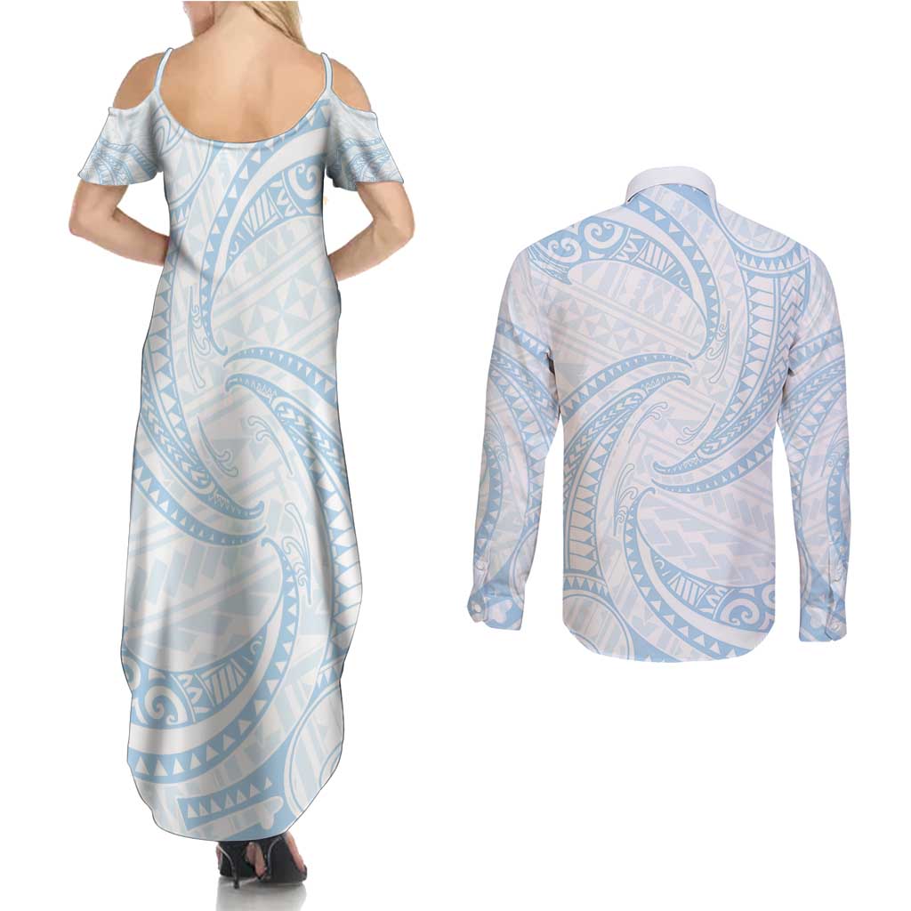 White Sunday Lotu Tamaiti Couples Matching Summer Maxi Dress and Long Sleeve Button Shirt Polynesian Wave Pastel Sky Blue - Polynesian Pride
