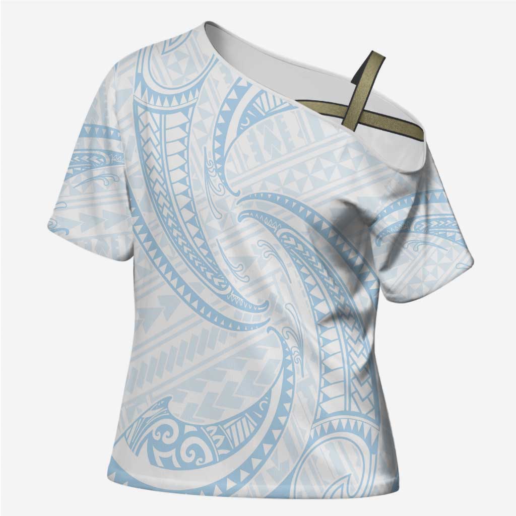 White Sunday Lotu Tamaiti Cross Shoulder Shirt Polynesian Wave Pastel Sky Blue LT9 Female Blue - Polynesian Pride
