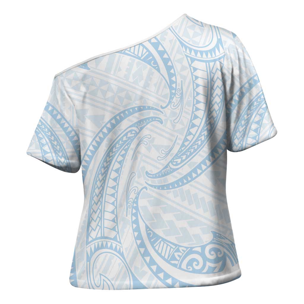White Sunday Lotu Tamaiti Cross Shoulder Shirt Polynesian Wave Pastel Sky Blue - Polynesian Pride