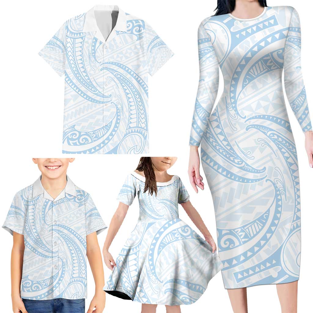 White Sunday Lotu Tamaiti Family Matching Long Sleeve Bodycon Dress and Hawaiian Shirt Polynesian Wave Pastel Sky Blue - Polynesian Pride