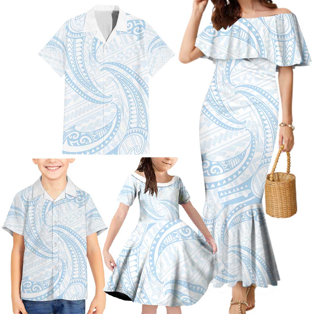 White Sunday Lotu Tamaiti Family Matching Mermaid Dress and Hawaiian Shirt Polynesian Wave Pastel Sky Blue - Polynesian Pride