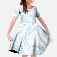 White Sunday Lotu Tamaiti Family Matching Off The Shoulder Long Sleeve Dress and Hawaiian Shirt Polynesian Wave Pastel Sky Blue - Polynesian Pride