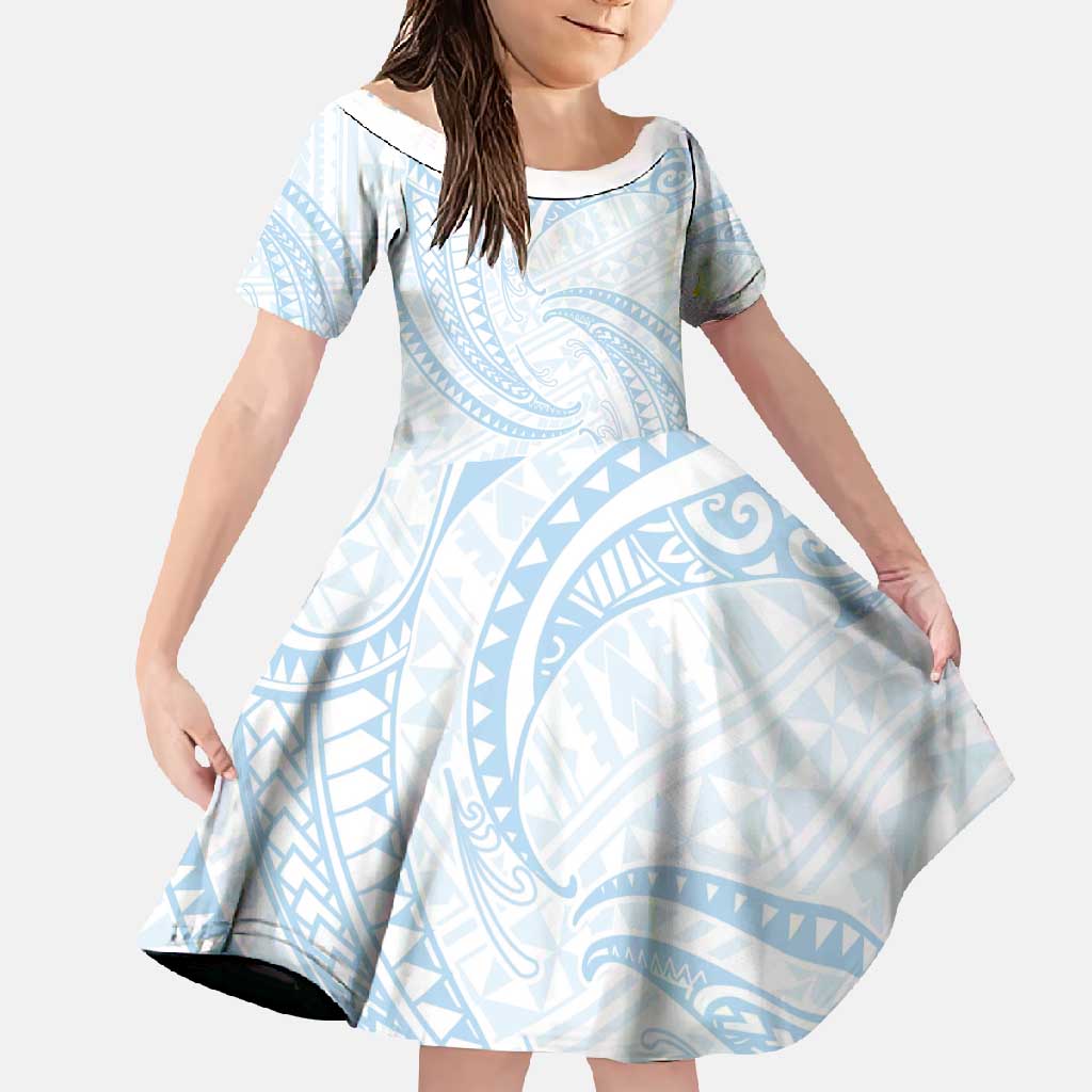White Sunday Lotu Tamaiti Family Matching Off Shoulder Maxi Dress and Hawaiian Shirt Polynesian Wave Pastel Sky Blue - Polynesian Pride
