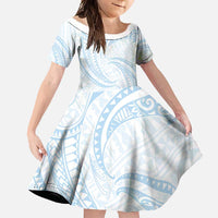 White Sunday Lotu Tamaiti Family Matching Off Shoulder Maxi Dress and Hawaiian Shirt Polynesian Wave Pastel Sky Blue - Polynesian Pride