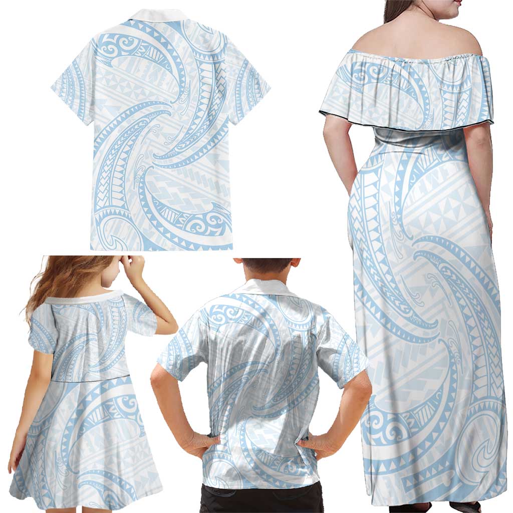 White Sunday Lotu Tamaiti Family Matching Off Shoulder Maxi Dress and Hawaiian Shirt Polynesian Wave Pastel Sky Blue - Polynesian Pride