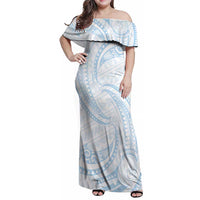 White Sunday Lotu Tamaiti Family Matching Off Shoulder Maxi Dress and Hawaiian Shirt Polynesian Wave Pastel Sky Blue - Polynesian Pride