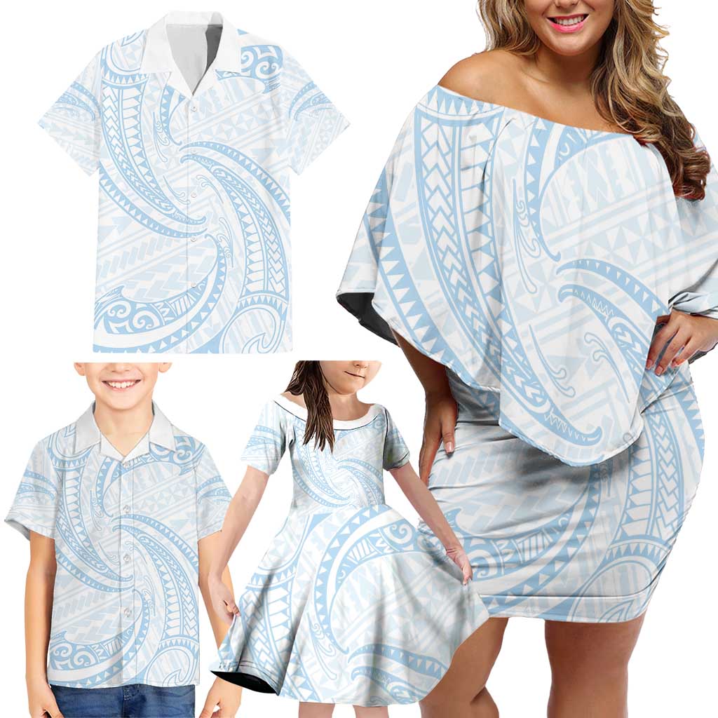White Sunday Lotu Tamaiti Family Matching Off Shoulder Short Dress and Hawaiian Shirt Polynesian Wave Pastel Sky Blue - Polynesian Pride