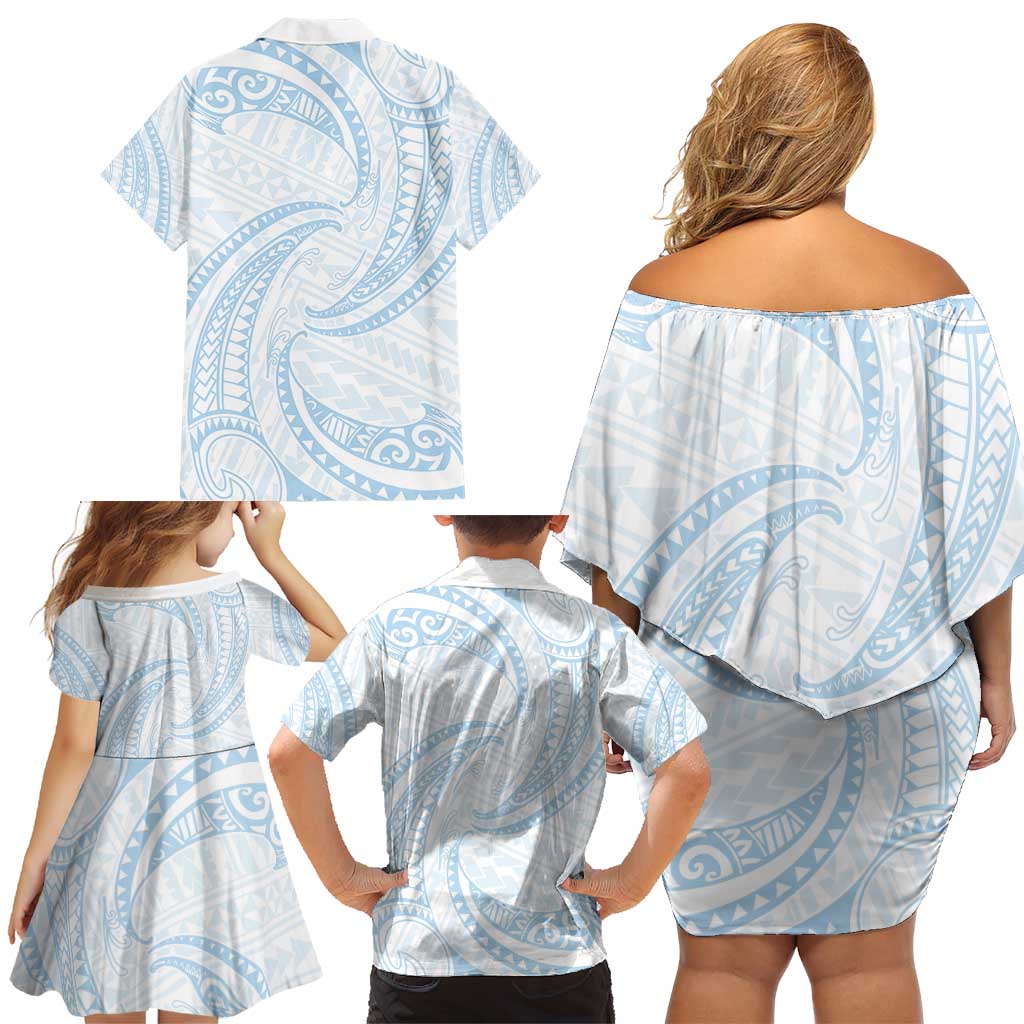 White Sunday Lotu Tamaiti Family Matching Off Shoulder Short Dress and Hawaiian Shirt Polynesian Wave Pastel Sky Blue - Polynesian Pride