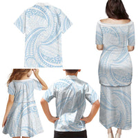 White Sunday Lotu Tamaiti Family Matching Puletasi and Hawaiian Shirt Polynesian Wave Pastel Sky Blue - Polynesian Pride
