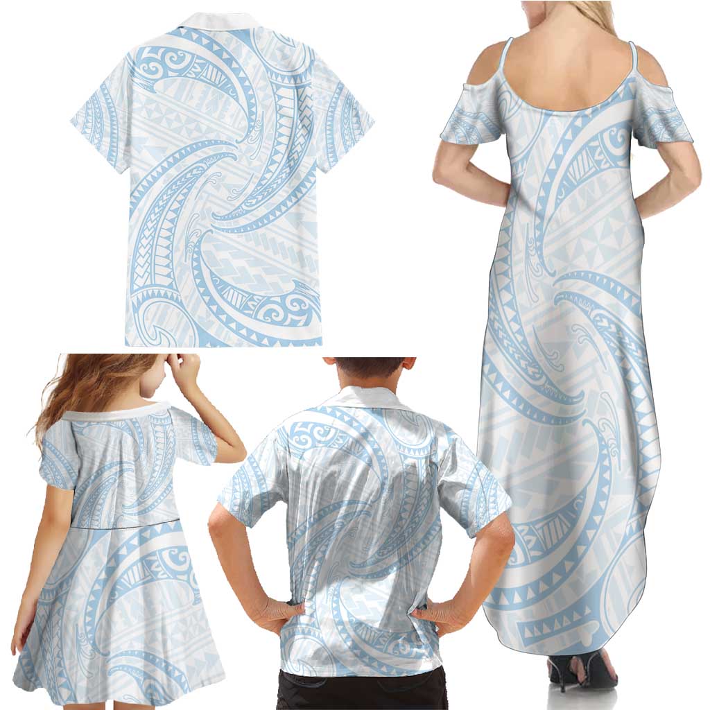 White Sunday Lotu Tamaiti Family Matching Summer Maxi Dress and Hawaiian Shirt Polynesian Wave Pastel Sky Blue - Polynesian Pride