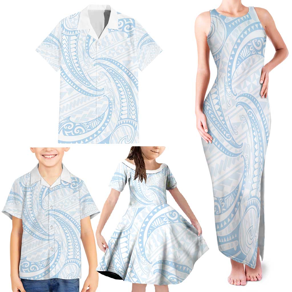 White Sunday Lotu Tamaiti Family Matching Tank Maxi Dress and Hawaiian Shirt Polynesian Wave Pastel Sky Blue - Polynesian Pride