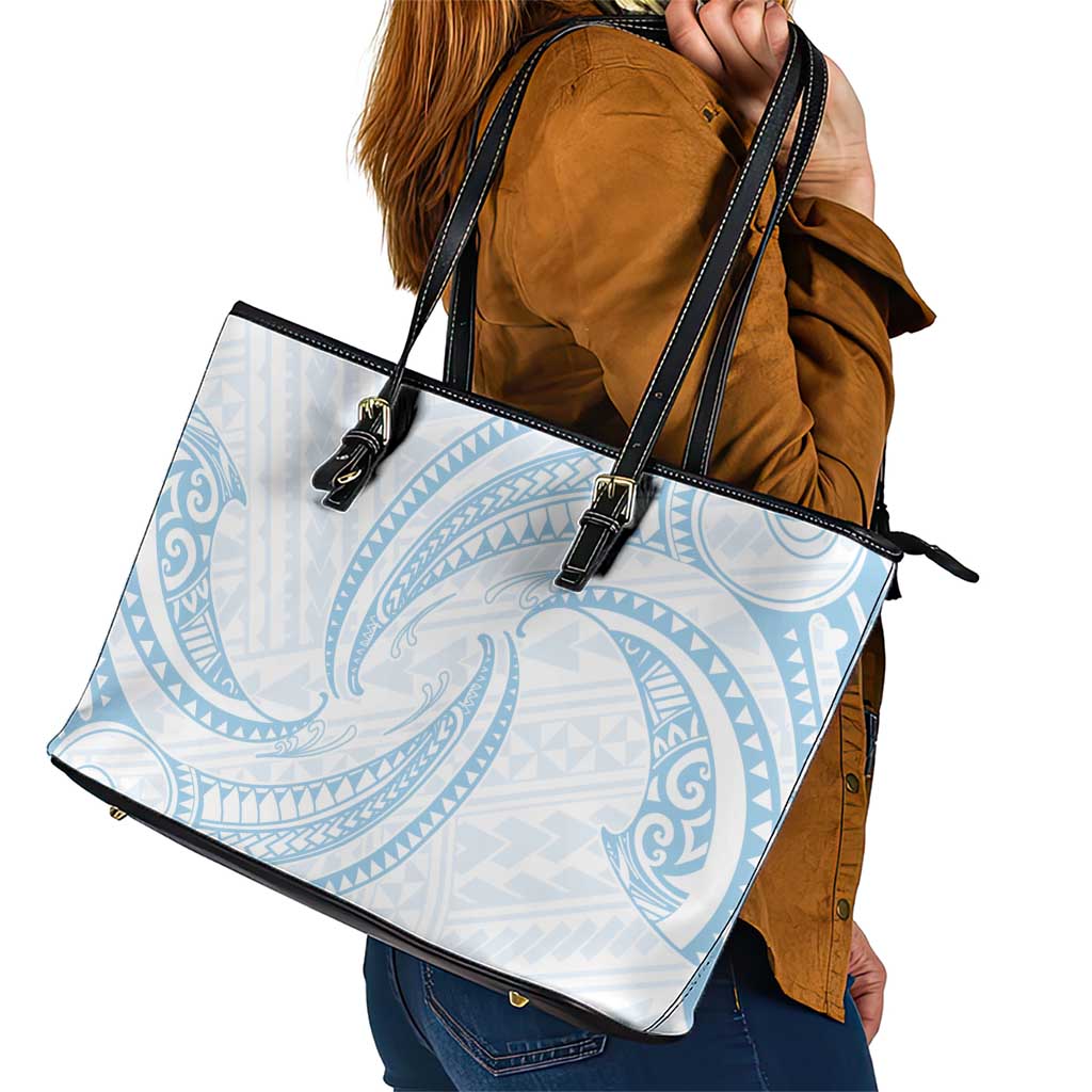 White Sunday Lotu Tamaiti Leather Tote Bag Polynesian Wave Pastel Sky Blue - Polynesian Pride