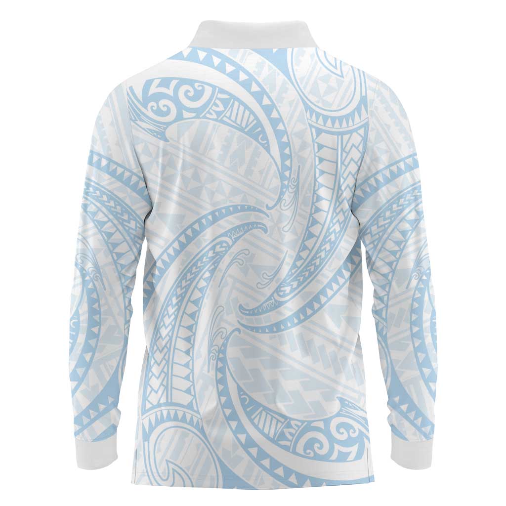White Sunday Lotu Tamaiti Long Sleeve Polo Shirt Polynesian Wave Pastel Sky Blue - Polynesian Pride
