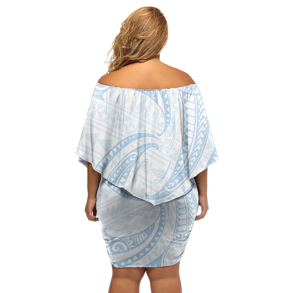 White Sunday Lotu Tamaiti Off Shoulder Short Dress Polynesian Wave Pastel Sky Blue - Polynesian Pride