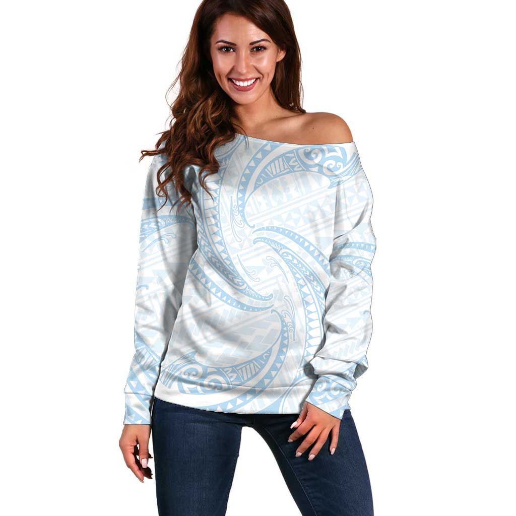 White Sunday Lotu Tamaiti Off Shoulder Sweater Polynesian Wave Pastel Sky Blue - Polynesian Pride