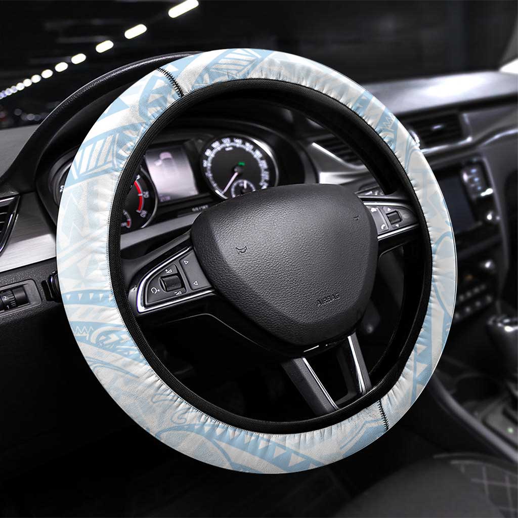 White Sunday Lotu Tamaiti Steering Wheel Cover Polynesian Wave Pastel Sky Blue - Polynesian Pride