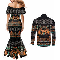 Black Batik Papua-inspired Pattern Couples Matching Mermaid Dress and Long Sleeve Button Shirt LT9 - Polynesian Pride