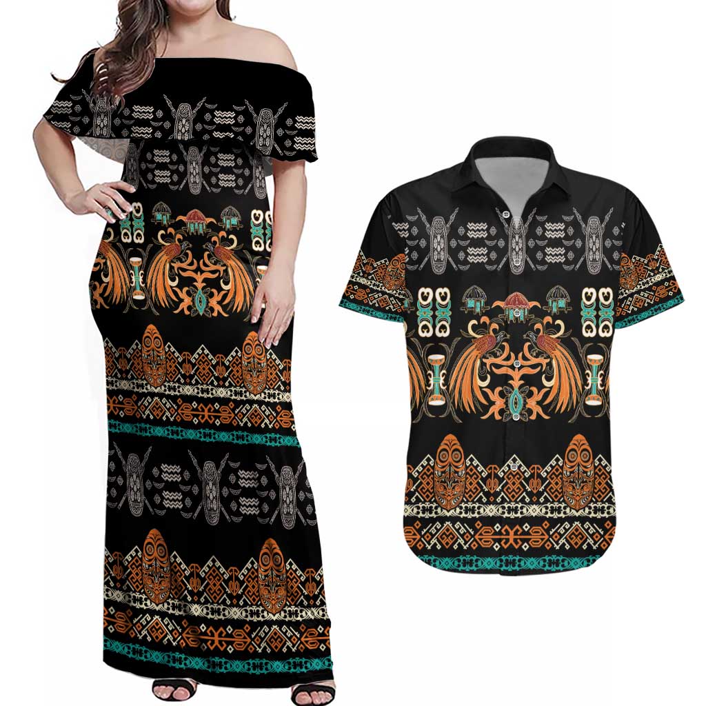 Black Batik Papua-inspired Pattern Couples Matching Off Shoulder Maxi Dress and Hawaiian Shirt - Polynesian Pride