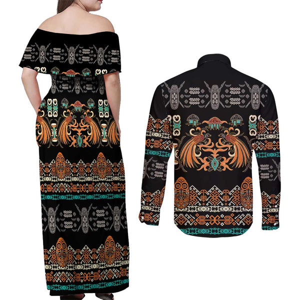 Personalised Polynesian Couples Matching Off The Shoulder Long Sleeve Dress and Long Sleeve Button Shirts With Yorkshire Terrier Floral Style LT7