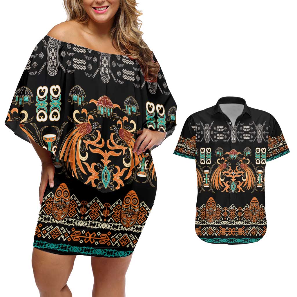 Black Batik Papua-inspired Pattern Couples Matching Off Shoulder Short Dress and Hawaiian Shirt - Polynesian Pride