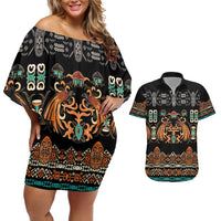 Black Batik Papua-inspired Pattern Couples Matching Off Shoulder Short Dress and Hawaiian Shirt - Polynesian Pride