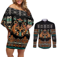 Black Batik Papua-inspired Pattern Couples Matching Off Shoulder Short Dress and Long Sleeve Button Shirt LT9 Black - Polynesian Pride