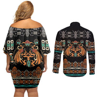 Black Batik Papua-inspired Pattern Couples Matching Off Shoulder Short Dress and Long Sleeve Button Shirt LT9 - Polynesian Pride