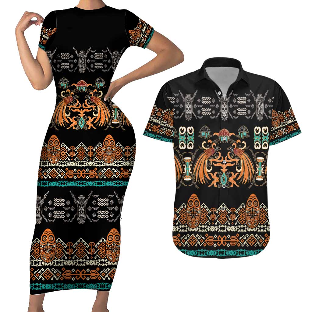 Black Batik Papua-inspired Pattern Couples Matching Short Sleeve Bodycon Dress and Hawaiian Shirt - Polynesian Pride